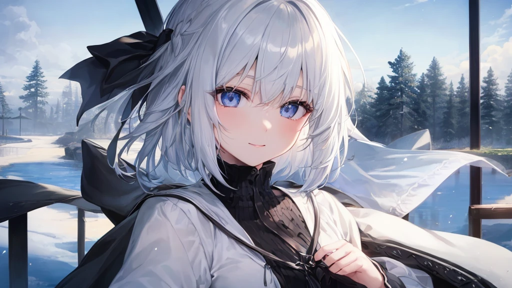 Open your mouth、Flower Field、Her eyes were shining、Mysterious and enchanting atmosphere。With AI Painting、とてもshort hair, Long bangs between the eyes, Very detailed,(masterpiece、Highest quality)、alone、Gray Hair、Fantasy, Silver Hair, Fantasyな風景、smile、Open your mouth、short hair、short hair、hairpin、black eye、Grey Eyes、Beautiful Eyes、Black Shirt、White hoodie