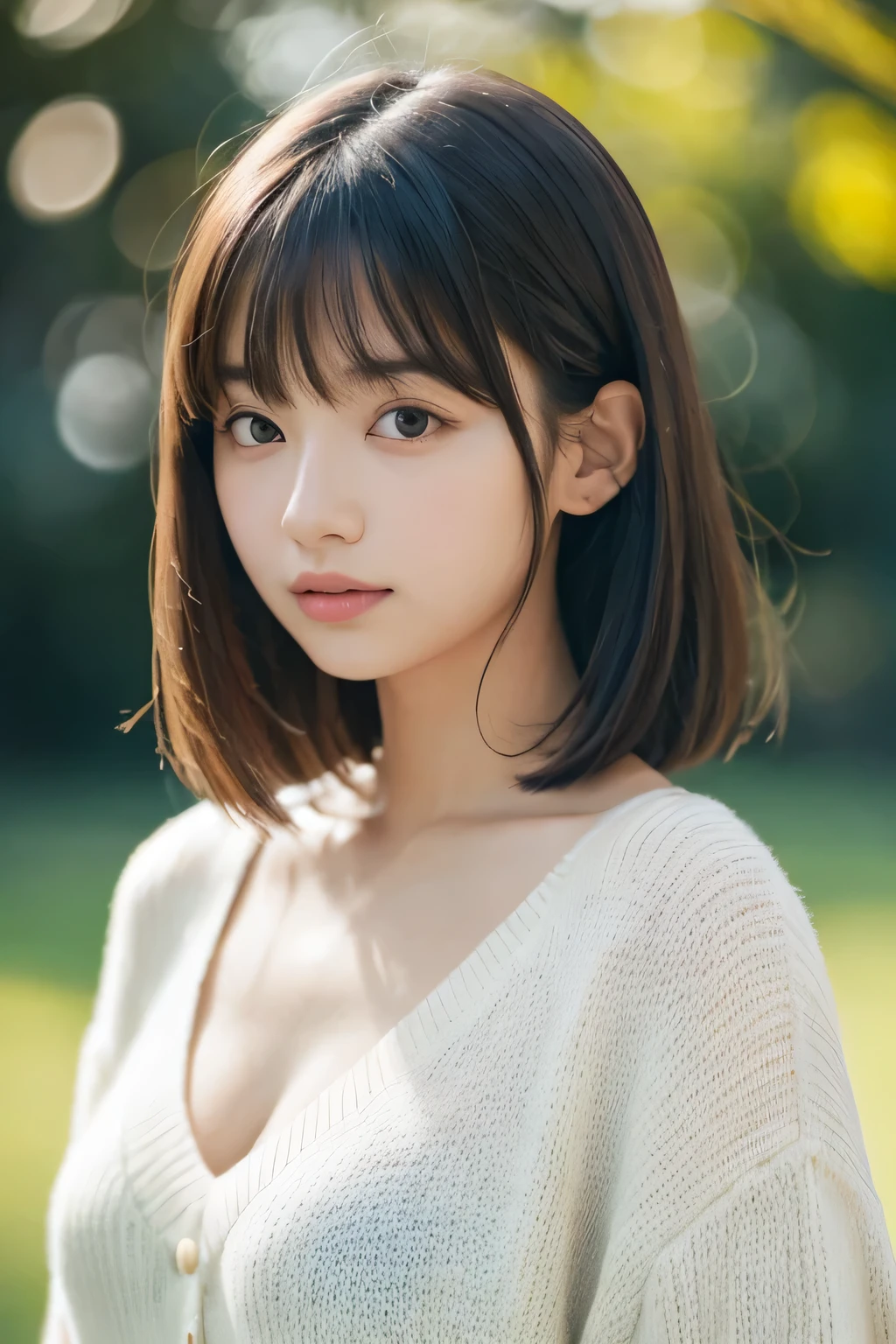 masutepiece, Best Quality, 8K, 20 yo, large full breasts, cute little, Solo, sad, Cute, Girly, Delicate girl, Neat and clean beauty, Raw photo, Professional Photography, Portrait, Soft light, Professional Lighting, Back lighting, Upper body, Looking away, Sophisticated, Film grain, (Eyes and faces with detailed:1.0), Short-length floating hair, Beautiful flowing hair, Bangs, Sweaters,