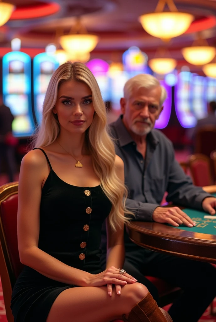 Create a realistic image of a 20 year old woman, Long blonde hair, Blue eyes, cheekbones, ((full body)), dressed in a black colored dress with buttons on the front of the dress, colored boots brown, sitting next to her grandfather, background image: A large table with the betting table, head to toe, full body