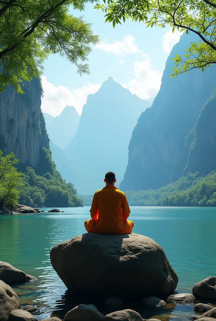 Most beautiful natural background and bhikku meditation on the rock