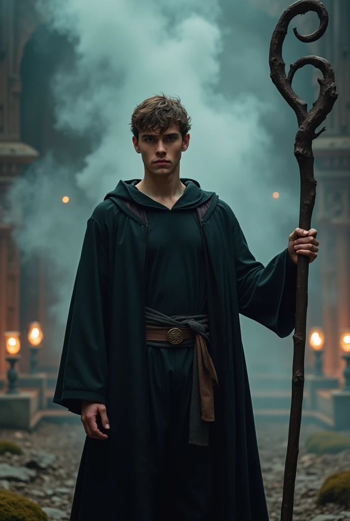 A young wizard, using a large staff, be a front image, the clothes he wears, and a black outfit, tight to the body, the staff is blue and almost his size, the staff must be made of oak wood,  black in color, with a curve at the tip like an S