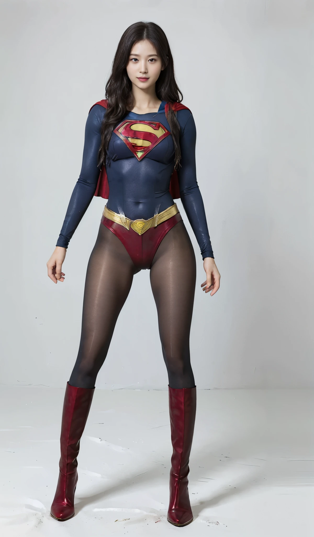 No background、(((Beautiful legs in black tights.)))、(((Legally express the beauty of your smile)))、((((Make the most of your original images)))、(((Supergirl Costume)))、(((Beautiful Hair)))、(((suffering)))、(((Please wear black tights....、Wear red boots)))、((Best image quality、8k))、((Highest quality、8k、masterpiece:1.3))、(((Preserve background )))、Sharp focus:1.2、Beautiful woman with perfect figure:1.4、Slim Abs:1.2、Wet body:1.5、Highly detailed face and skin texture、8k