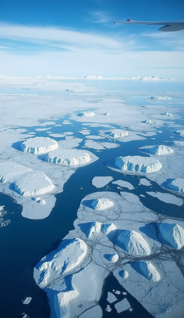 Generate an aerial view of Greenland, showing a combination of ice, water, and sky."