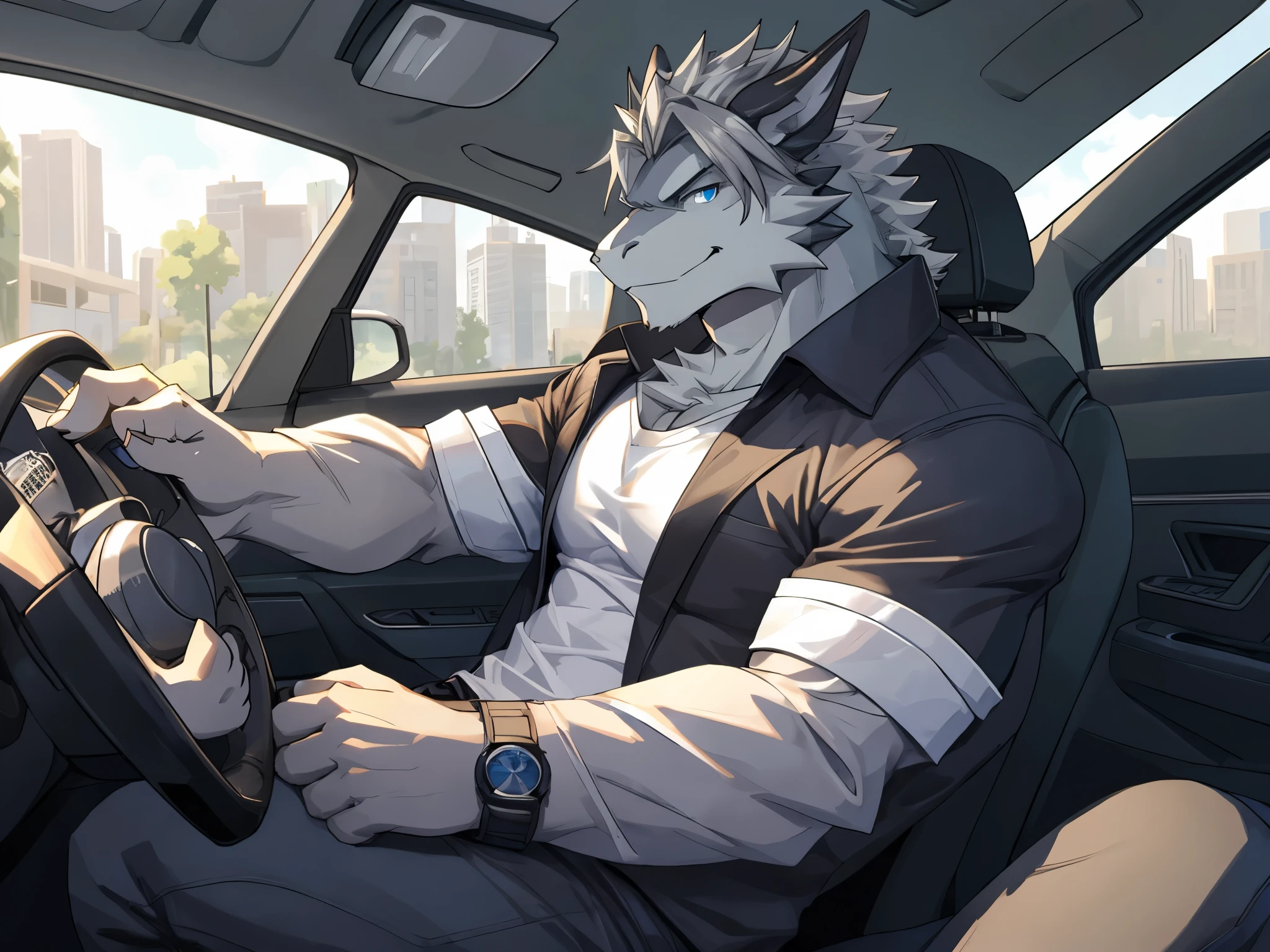 Masterpiece, Solo, Furry Gray Dragon, Blue Eyes, Medium Gray Hair, Muscular Body, Cool Pose, Handsome, Good Looking, Adult, Fierce, Smirking, casual clothes, inside car driving.