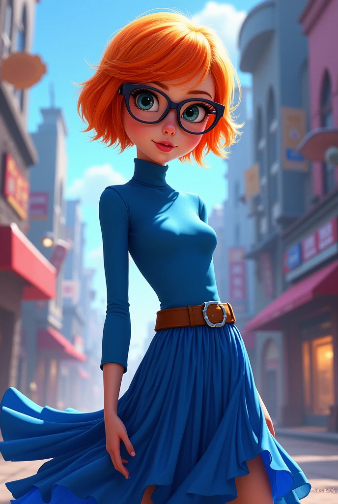 image réaliste, film Ben 10, Gwen Tennyson, cheveux courts orange, lunettes, porte un haut bleu, jupe à rayures bleues, hyper réaliste (ne pas ignorer)