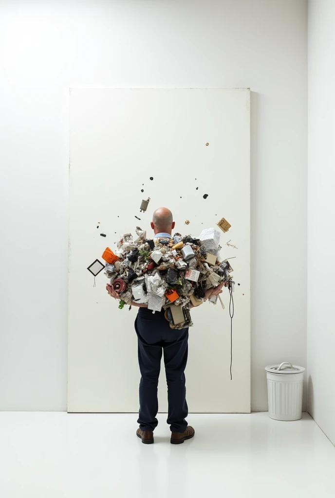 A large, simple, white painting is hanging on the white wall of the room.、In the center of the painting, a bald man is depicted facing backwards, filling the entire painting.。The man has so much junk in his hands that he can't hold it all.。The person's back is facing away from him, so his expression is not visible. There is a small white trash can on the right side of the wall.