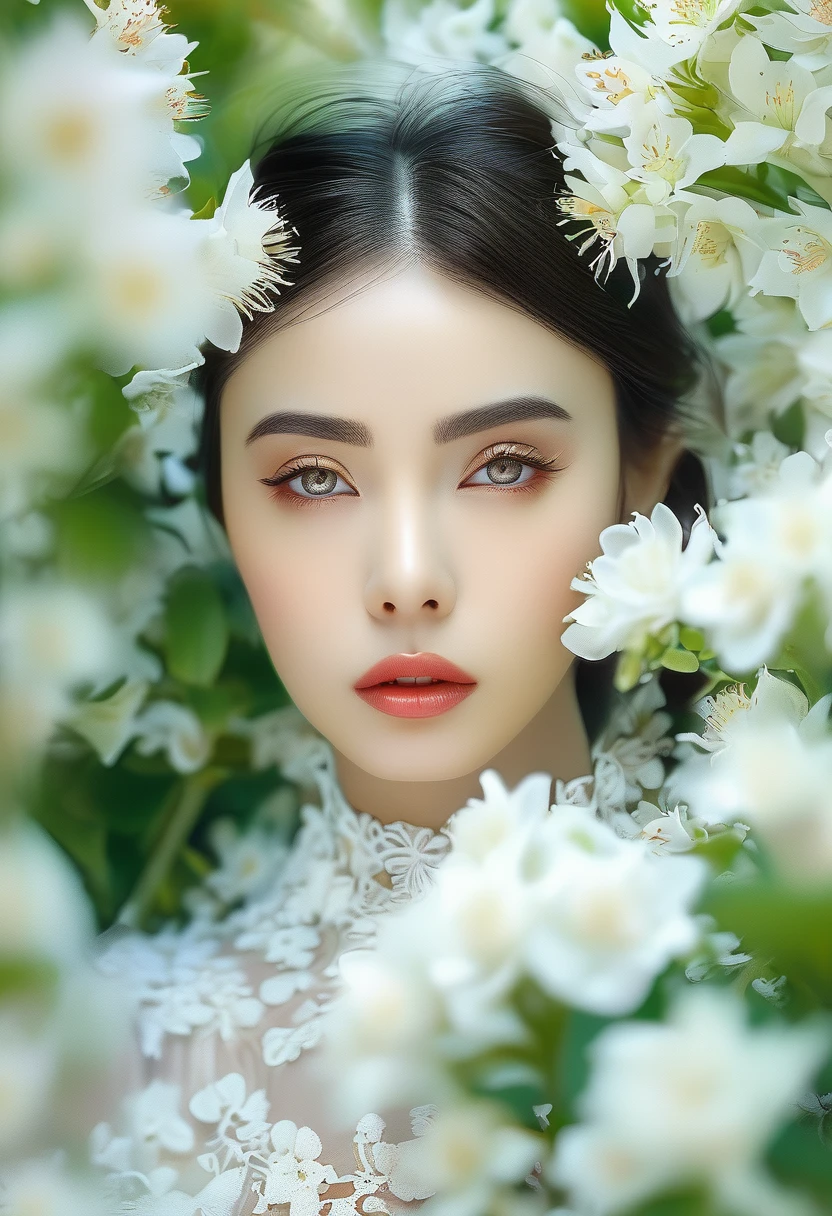 A girl in a garden, beautiful detailed eyes, beautiful detailed lips, extremely detailed eyes and face, long eyelashes, elegant woman, natural light, 8k, high resolution, hyperrealistic, cinematic, dramatic lighting, dramatic contrast, vivid colors, vibrant, moody, atmospheric, masterpiece, photorealistic, professional studio photography, fashion photography