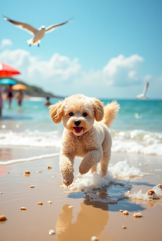Toy poodle running along the beach