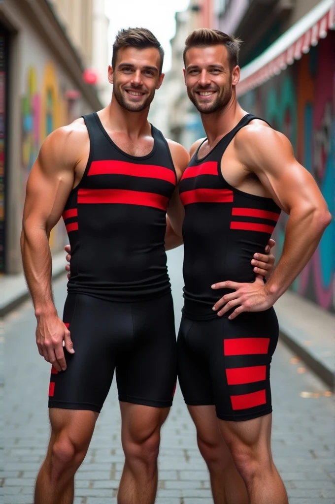 A man black in tank top under vest and
wide red colour stripline on tank top under vest and were black trunk underwear and wide red colour stripline on underwear with one boy friend in same clothes