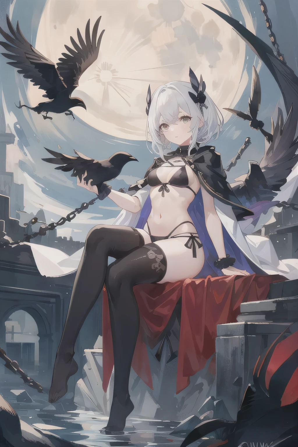 (masterpiece), (Best quality), full body,simple background,sitting,
1girl,shiny hair,White hair,feather hair ornament, White cloak, ((look through)),Navel,slight smile,
a plant, flower, full_moon,detective theme,((black legwear)), ((crow)),chains,Ruin,
1gir, in flower,black_bikini,1girl in flower ,Navel,