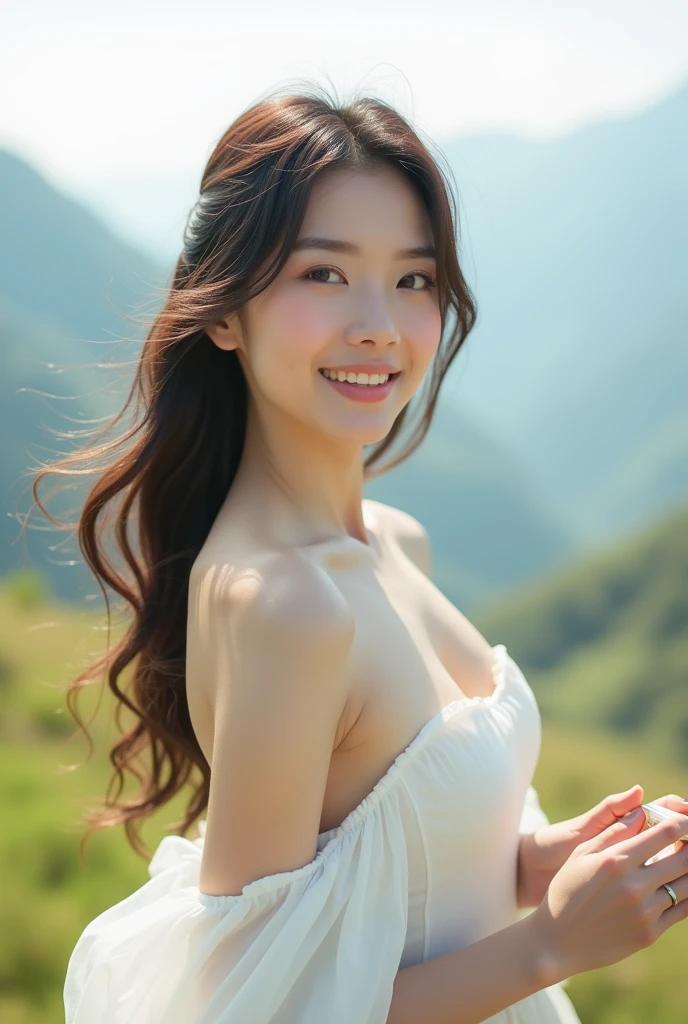 A beautiful sweet asian woman in a forest, a cream dress 98k, {{Masterpiece}}, Best Quality, High Quality:1.4), {{[[FRONT LOOK}}, eye_contact, Various poses)]], very pretty look face, and very pretty eyes, elegant smile, glowing skin, cute images, lovely images, {{bust portrait}}, (photorealistic:1.4)