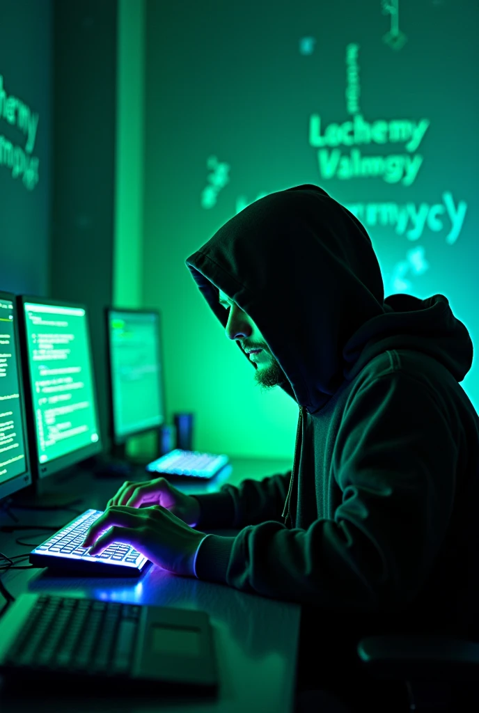Hand drawn a having fun hacking a computer with the usual hacker background face covered leds in the keyboard (blue) leds in the computer (green) forward shot and a written with hacker style writing Locharmyyy