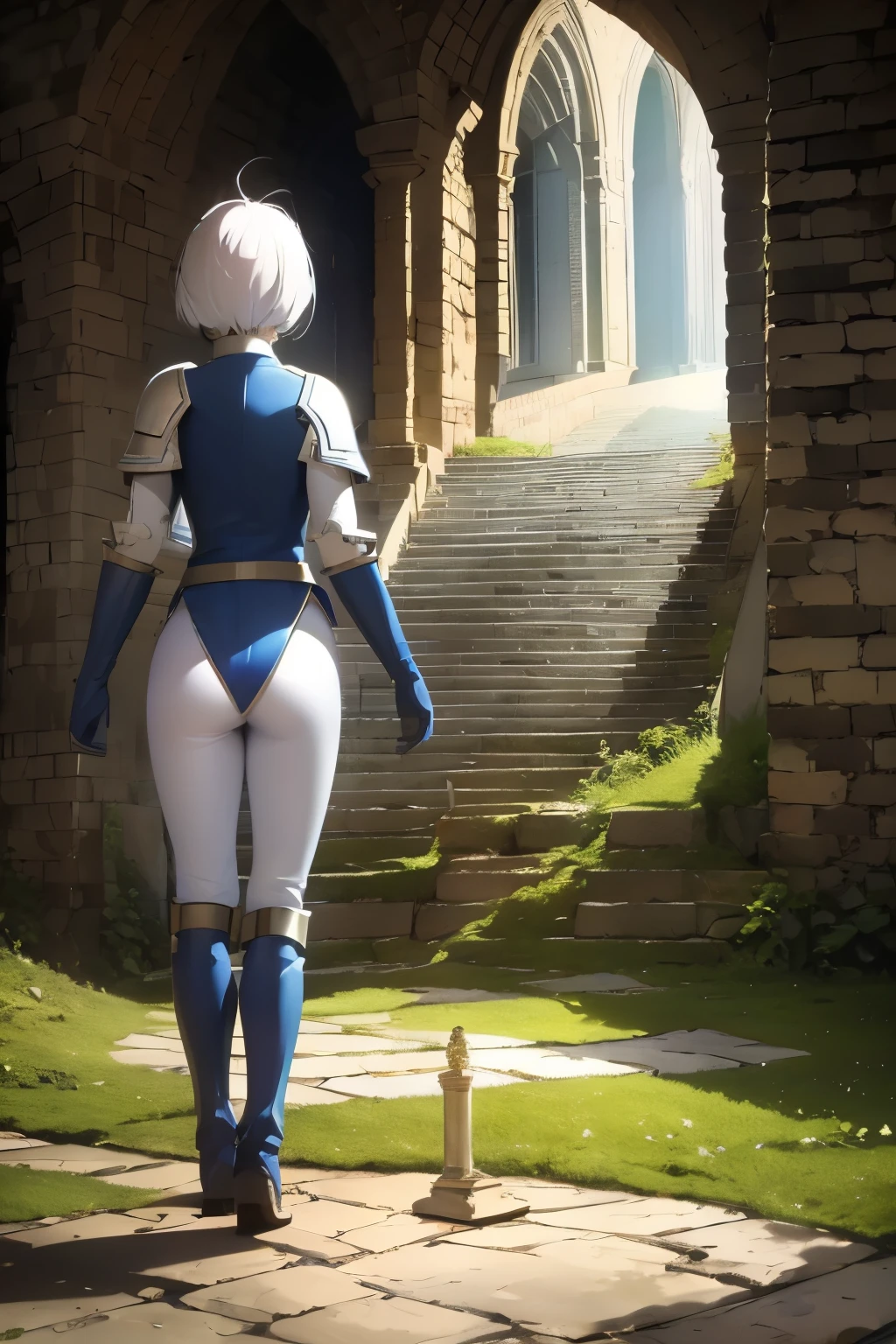 (masterpiece))), (((best quality))), ((ultra-detailed)), (cinematic lighting), (illustration), (beautiful detailed eyes), (1girl), full body, knight, armour, light hair, best quality, expressive eyes, perfect face, Girl: (20s, white hair, short hair, white jumpsuit, grey and blue armour, black gloves, knee boots, white pants), dungeon, brick floor, stone floor, underground, moss, walking, armored leotard, back, back focus, back view, gb