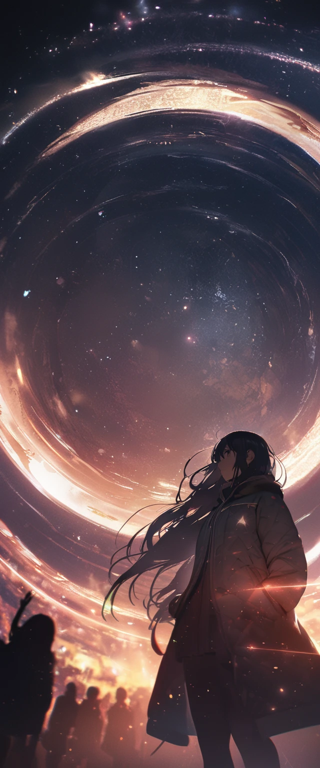 8k,wallpaper of extremely detailed CG unit, masterpiece,hight resolution,top-quality,top-quality real texture skin,hyper realisitic,increase the resolution,RAW photos,best qualtiy,highly detailed,the wallpaper,cinematic lighting,ray trace,golden ratio, BREAK ,many stars twinkling in a beautiful bright winter night sky, long exposure starry sky with many circular orbits, silhouette of a cute young woman with long hair with her hands in her coat pockets looking up at it, photo taken from long distance, photo from below, beautiful kaleidoscope multiple exposures overlapping