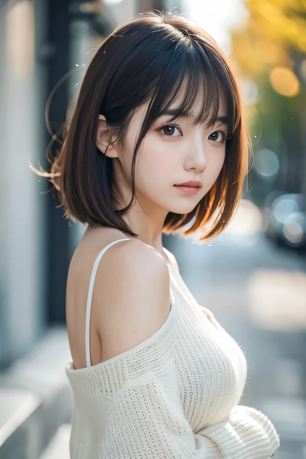 masutepiece, Best Quality, 8K, 20 yo, large full breasts, cute little, Solo, sad, Cute, Girly, Delicate girl, Neat and clean beauty, Raw photo, Professional Photography, Portrait, Soft light, Professional Lighting, Back lighting, Upper body, Looking away, Sophisticated, Film grain, (Eyes and faces with detailed:1.0), Short-length floating hair, Beautiful flowing hair, Bangs, Sweaters,