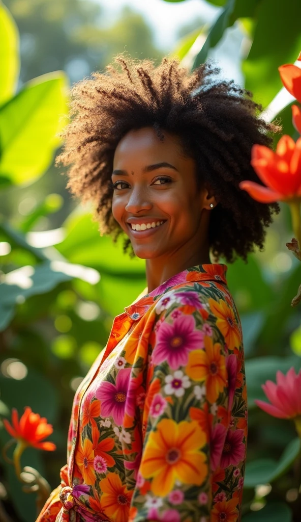 A Brazilian woman in a lush tropical garden, wearing an open shirt with a floral print, with a close-up capturing the harmonious beauty between her breasts and the natural flowers, showing off your natural charm and outgoing personality.
