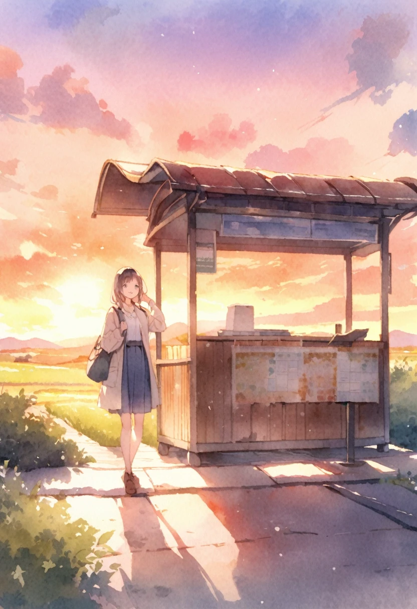 A female student standing at a deserted bus stop in the countryside、Look at me and smile、Scenery of Showa、sunset、Watercolor、