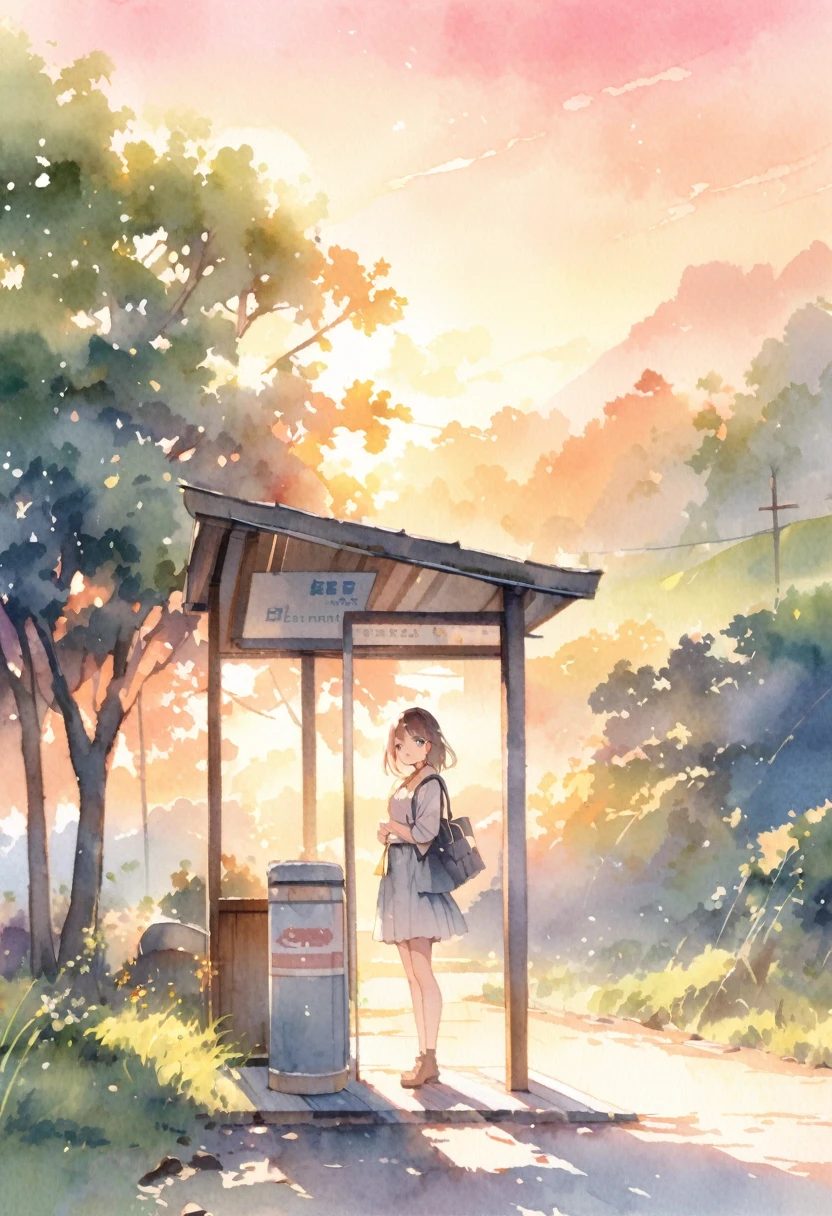 A female student standing at a deserted bus stop in the countryside、Look at me and smile、Scenery of Showa、sunset、Watercolor、