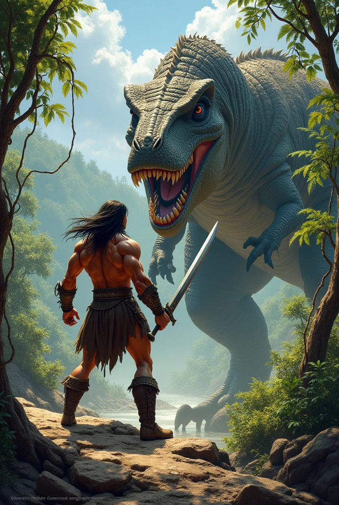 Sword in hand, Conan the barbarian prepares to battle a dinosaur.