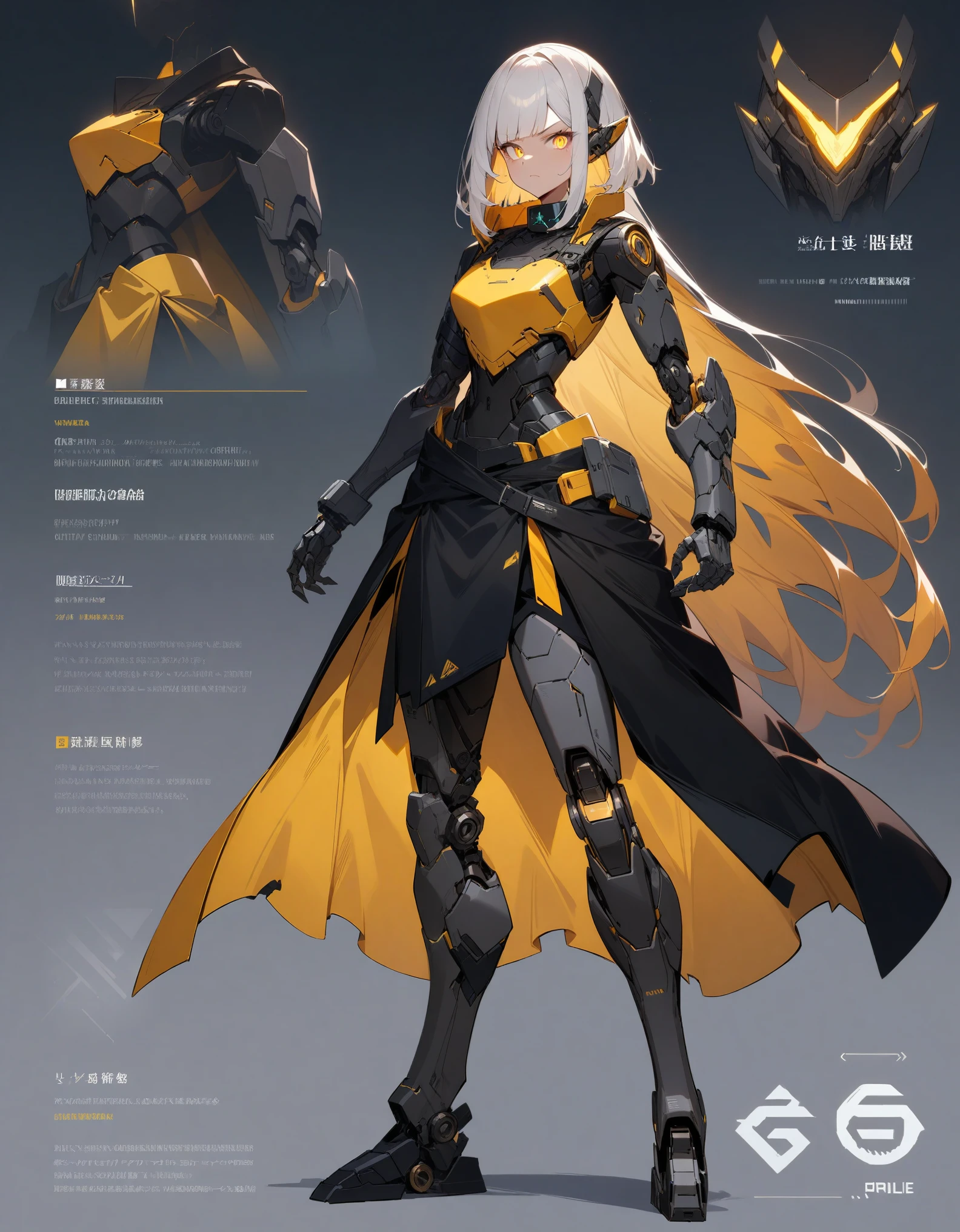 character profile, concept art, robotic, android girl, solo focus, warrior stance, mechanical limbs, full body, gritty sci fi, cybernetic arms, asymmetrical arms, cybernetic ears, angular breastplate, ballistic breastplate golden eyes, black clothing, yellow armor highlights, ballistic collar, waist cape, waist cloak. serious, bangs, long side bangs, medium length bob cut, white hair, golden inner hair, asymmetrical hair, glowing eyes, determined, masterpiece, super detail, accurate, anatomically correct