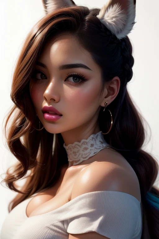 masterpiece, Best Quality, High resolution, (White background: 1.4), [Brilliantine], [looking at the viewer, portrait, 1 sweet chinese girl], (by the wide, For the blue, Wavy curls, Large Twisted Multicolor Braid: 1.3, Furry fox ears, air bangs), Off Shoulder White Short Sleeve, delicate facial features, pink lips, earrings, collar