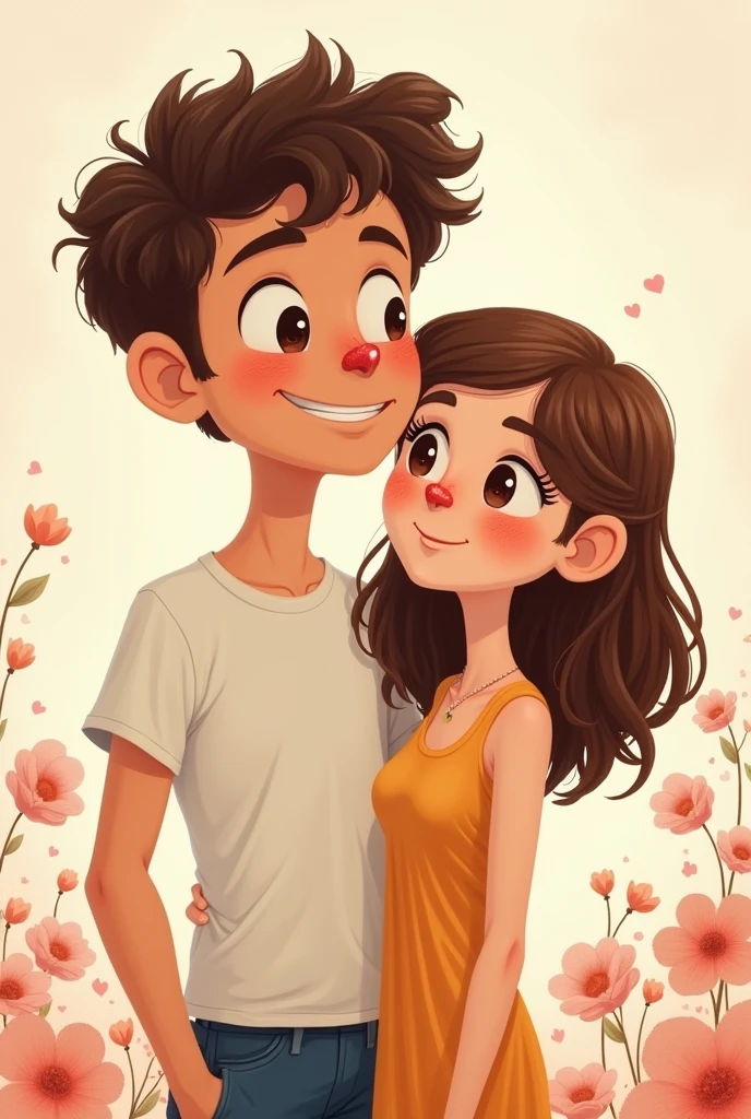 Illustrated couple, Tall Man, short curly hair, Wide face, Brown eyes, splattered nose, beautiful smile, broad back with tall woman, short brown straight hair, Brown eyes, splattered nose, Beautiful smile, body with waist