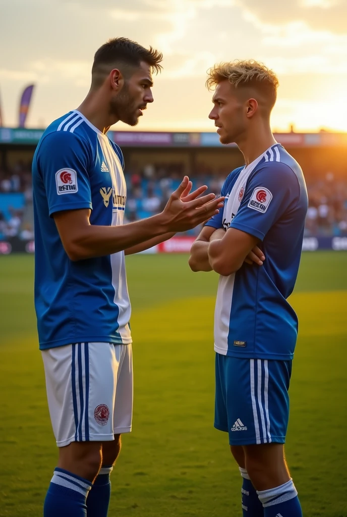 create 2 men who are fotbol players arguing on a fotbol field.
