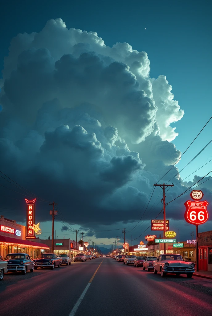 Down Rt. 66 Before the Great Storm, Nostalgic, Annual lighting display, cumulonimbus clouds, voluminetric lighting, Big sky