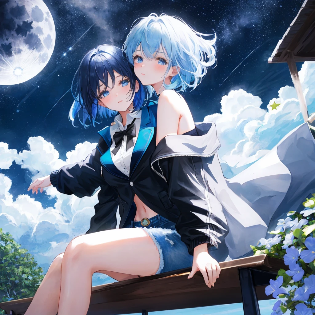 1girl, blue short hair with slight curvy ends, shiny blue eyes with a star in the middle of her eyeballs, dark blue blouse with sky blue wind patterns, wearing a black jacket outside of her blouse, denim shorts with white folds on it, cute and detailed face , hugging her pet dog with her arms, sitting on a bench at the side of a park , night sky with white stars , full moon , bright moonlight

