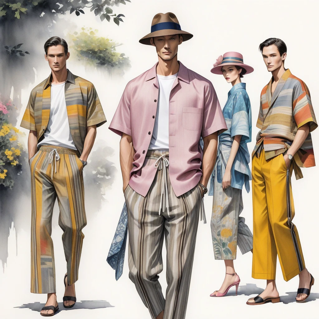 candid fashion illustration a group of middle age 2man, 35-40 year old, tall and slender, Mixed race super model, ((showcase in fashionable linen outfits inspired by designer Dries Van Noten)), in elegant and Fashionable style of ((hand-woven fabric, ethnic style)). mixed of mixed pink, gray, yellow, brown, pastel color, Earth tone color. The 1st man wears a shirt with ethnic striped details, paired with slim-fit Pants. The second man complements him in a short-sleeved bowling shirt and Yukata with collage fabric details, paired with big stripe Drawstring pants, completes the look with accessory and hat. Captured in a ((full-body image)), relax and simple pose, ((light water-color paint on white paper background)), realistic pencil lines, imperfect drawing, charcoal lines detail, fading sketch, fashion Sketching, low angle view, (full body image),