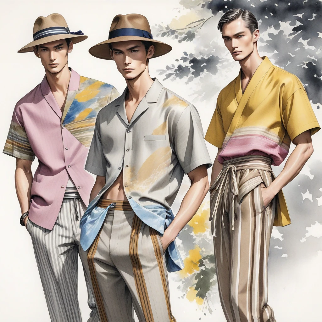 candid fashion illustration a group of middle age 2man, 35-40 year old, tall and slender, Mixed race super model, ((showcase in fashionable linen outfits inspired by designer Dries Van Noten)), in elegant and Fashionable style of ((hand-woven fabric, ethnic style)). mixed of mixed pink, gray, yellow, brown, pastel color, Earth tone color. The 1st man wears a shirt with ethnic striped details, paired with slim-fit Pants. The second man complements him in a short-sleeved bowling shirt and Yukata with collage fabric details, paired with big stripe Drawstring pants, completes the look with accessory and hat. Captured in a ((full-body image)), relax and simple pose, ((light water-color paint on white paper background)), realistic pencil lines, imperfect drawing, charcoal lines detail, fading sketch, fashion Sketching, low angle view, (full body image),