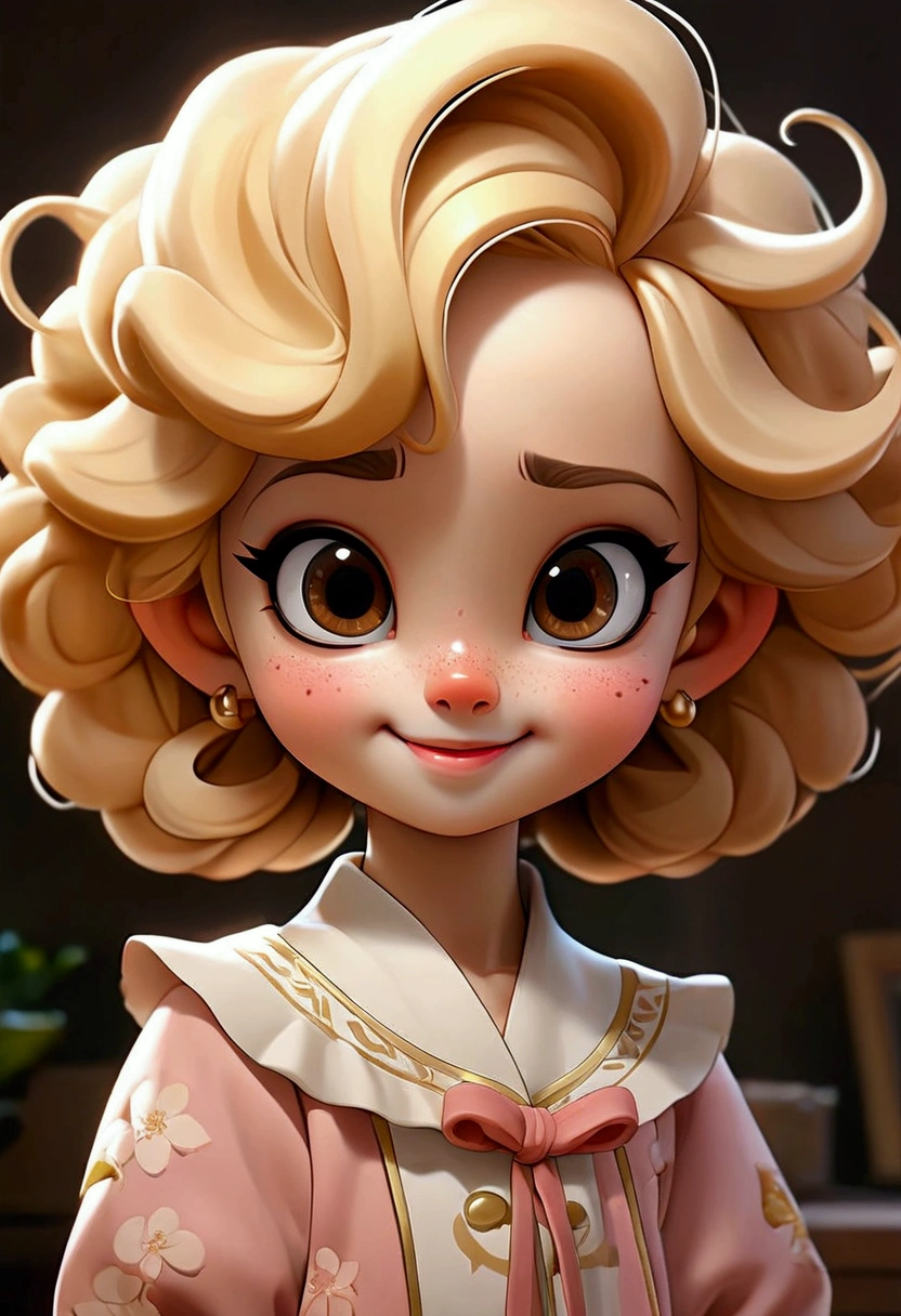 Cartoon close-up、Pop Surrealism、Realistic painting、Detailed anime soft face、cute漫画のキャラクター、cute漫画スタイル、cute漫画、cute！length、Blonde perm hair、What a beautiful smile!、4-year-old、Feminine clothing、whole body