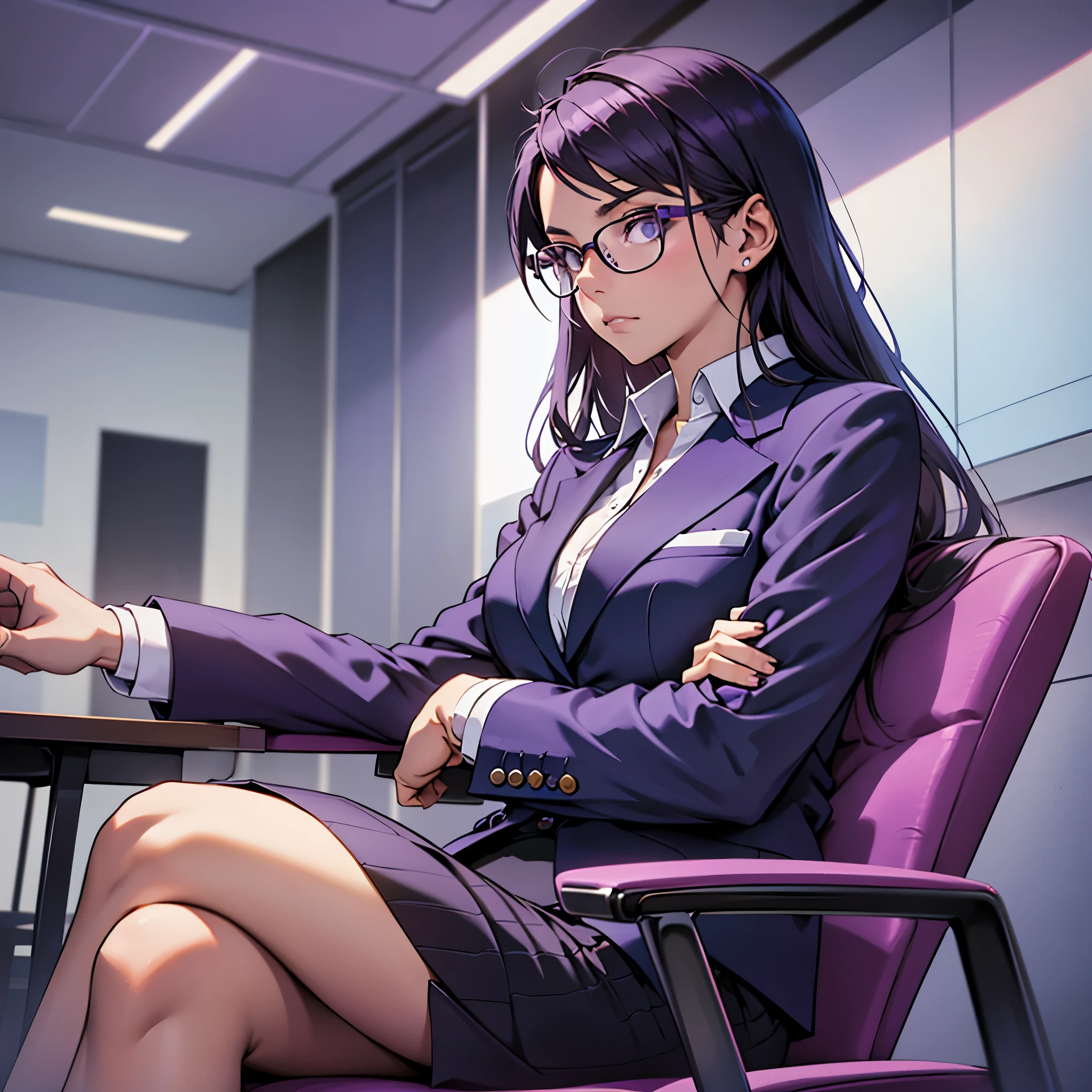 A woman wearing a purple business suit and glasses is sitting alone in a large conference room, facing forward as if she is in a job interview. She has her legs crossed and is looking down on the interviewer with an air of indifference and disinterest.