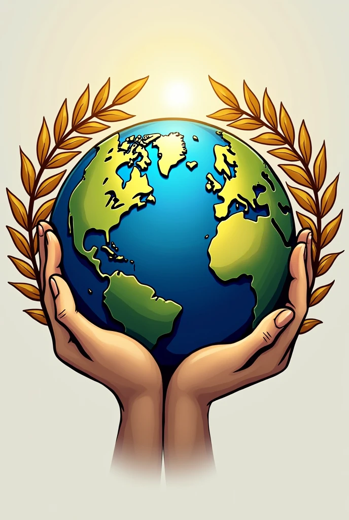 A logo/symbol, of a hand holding the globe wrapped in laurels