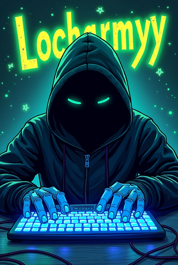 Hand drawn a  having fun hacking a computer with the usual hacker background face covered leds in the keyboard (blue) leds in the computer (green) forward shot  and a written with hacker style writing Locharmyyy