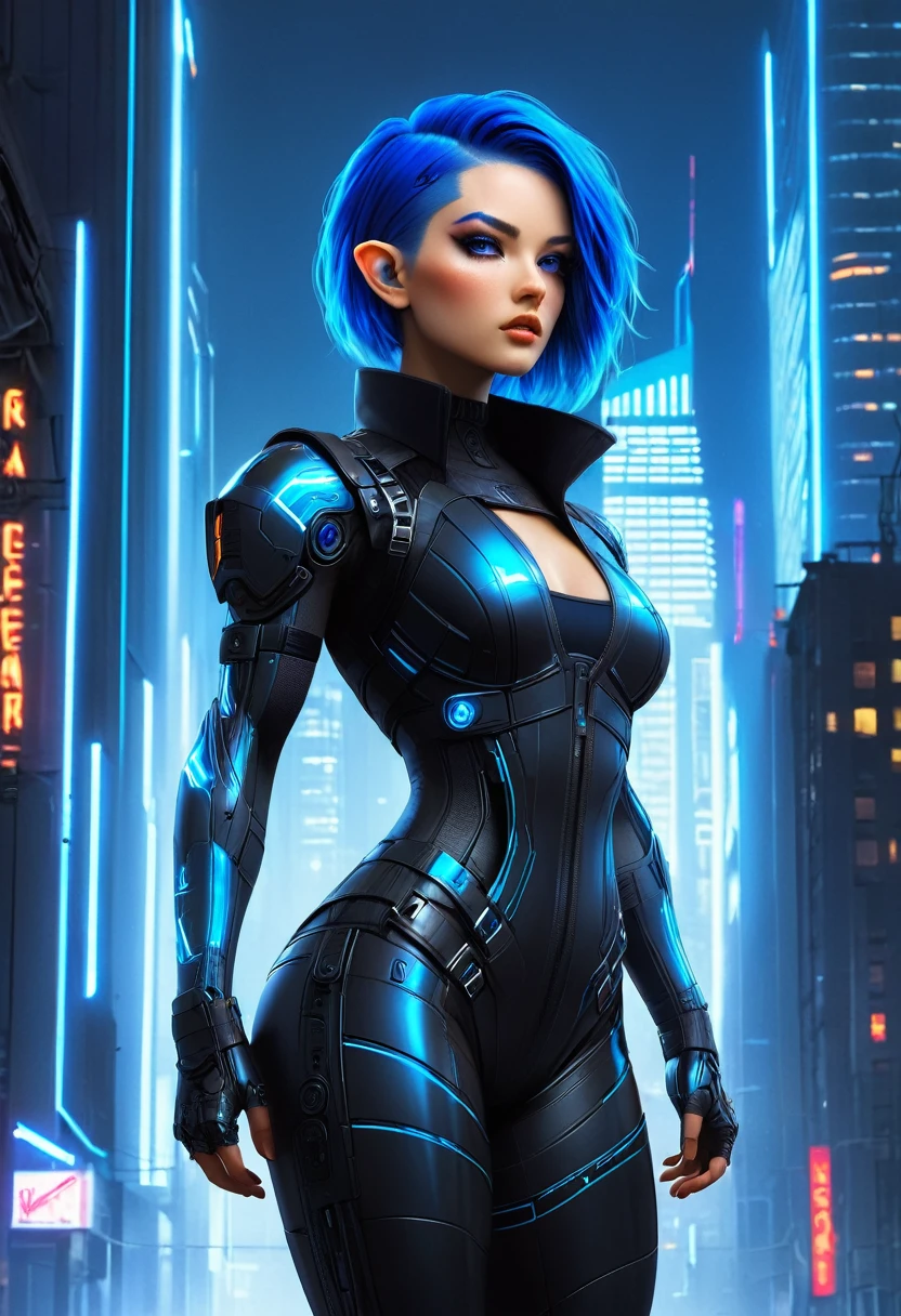 
A stunningly beautiful woman with an edgy cyberpunk aesthetic. Her short, electric blue hair is styled in a sleek, futuristic cut with shaved sides. She wears skin-tight, high-tech clothing that accentuates her figure - perhaps a glossy black bodysuit with illuminated neon accents. Her attire could include elements like a cropped metallic jacket or strategically placed armor panels.

Her face features striking makeup, possibly with holographic or LED elements. Cybernetic enhancements might be visible, such as glowing circuits beneath her skin or advanced optical implants. She could be posed in a neon-lit urban setting, surrounded by towering skyscrapers and floating holograms.

The overall mood should be a blend of high-tech glamour and gritty futurism, capturing the essence of cyberpunk style