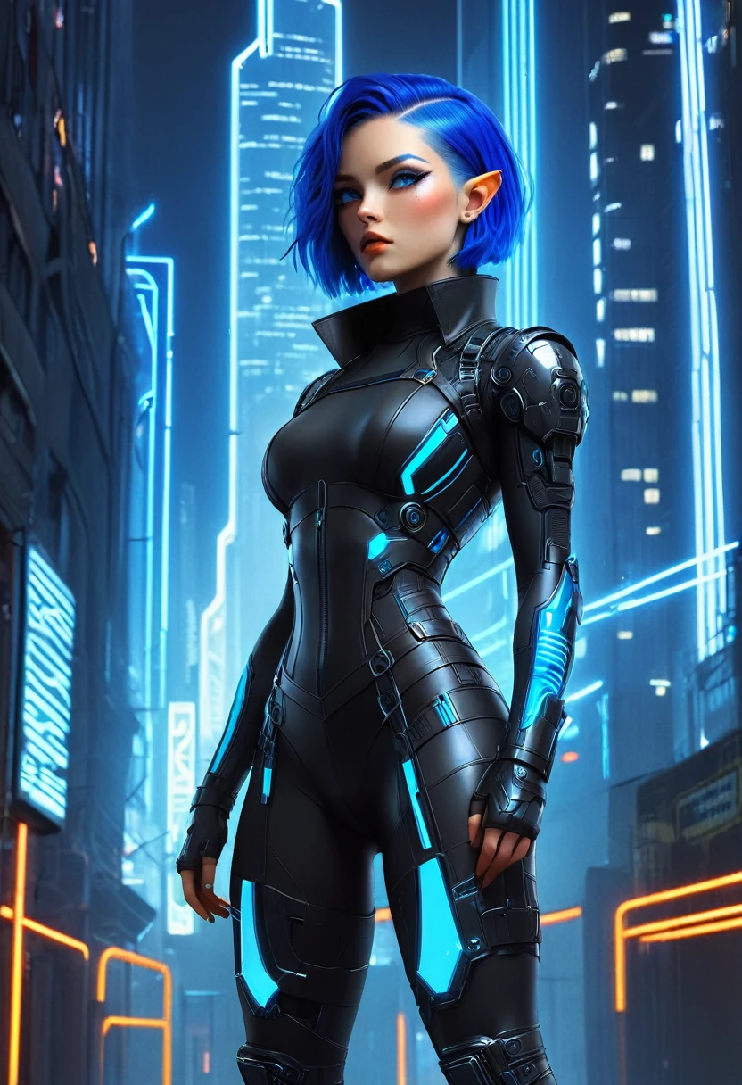 
A stunningly beautiful woman with an edgy cyberpunk aesthetic. Her short, electric blue hair is styled in a sleek, futuristic cut with shaved sides. She wears skin-tight, high-tech clothing that accentuates her figure - perhaps a glossy black bodysuit with illuminated neon accents. Her attire could include elements like a cropped metallic jacket or strategically placed armor panels.

Her face features striking makeup, possibly with holographic or LED elements. Cybernetic enhancements might be visible, such as glowing circuits beneath her skin or advanced optical implants. She could be posed in a neon-lit urban setting, surrounded by towering skyscrapers and floating holograms.

The overall mood should be a blend of high-tech glamour and gritty futurism, capturing the essence of cyberpunk style