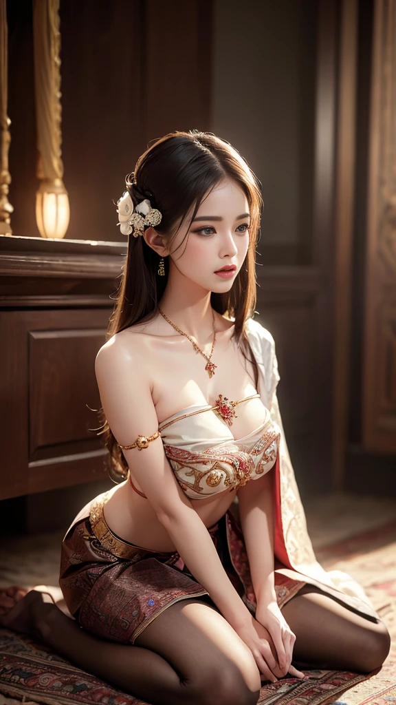 (RAW photos:1.2), (realistic:1.4), (Masterpiece:1.3), (best quality:1.4), Ultra high resolution, (Detailed eyes), (Detailed facial features), (Detailed clothing features), HDR, 8K resolution, focus only, Dressing according to Thai tradition, Traditional shawl, Some are clear, 1 woman , big breastโต, A gigantic rift, big breastsดันเสื้อผ้า, big breast, The breasts are fully grown.., Make your breasts bigger.., small waist, small thighs, Long legs, Facing the audience, full body, depth of field, Cinema-grade lighting system, big breast, Too big for your body, Revealing a flat stomach, The lower half of the chest is visible., sexy sitting position, Image from a very low angle