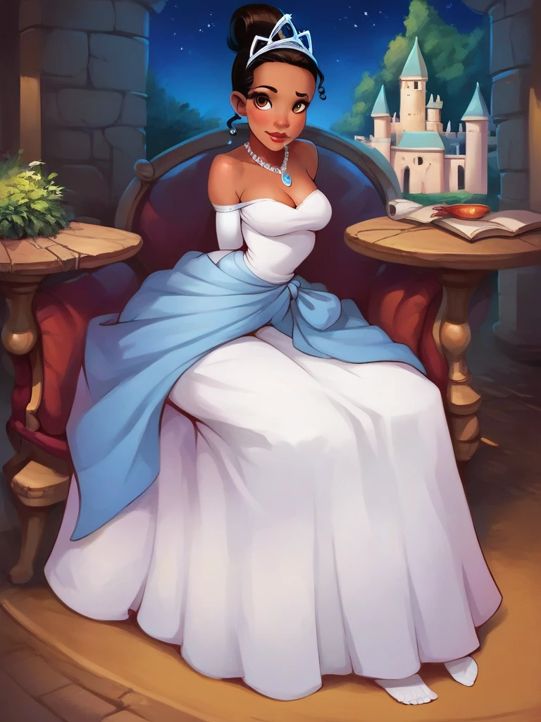 score_9, score_8_up, score_7_up, score_6_up, 1girl, hair bun, dark-skinned female, castle, bare shoulders, white dress, long skirt, princess, necklace, elbow gloves, tiara, cleavage, curvy, medium breasts, narrow waist, wide hips, thick thighs, looking at viewer, cute,  realistic, cartoon, sexually suggestive, vegetation, night, lamppost, star \(sky\), 5 toes,white toe nails, tied ankles together, tied arms, Focus full body, with no shoes,sit on a chair,
 TianaXLP