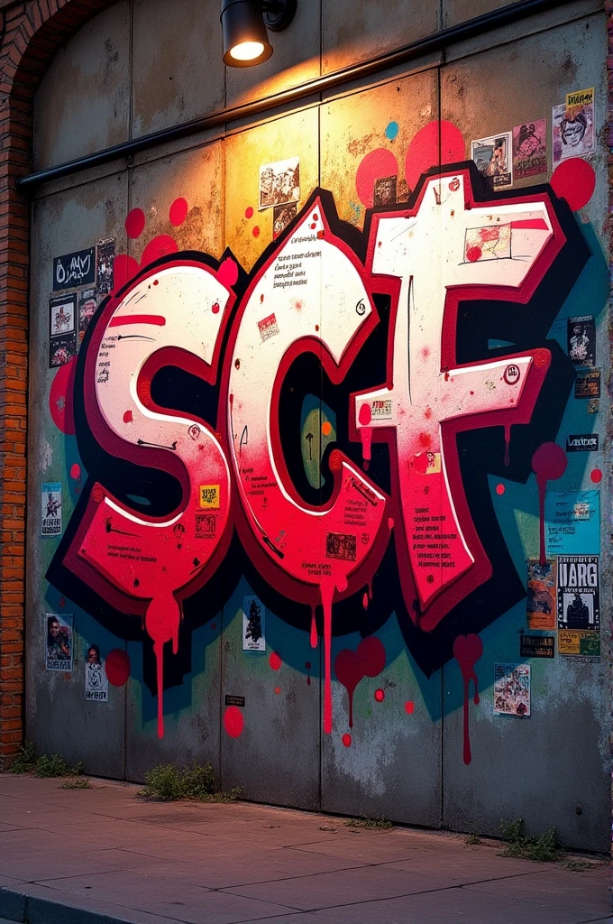 Ein Wildstyle Graffaiti dass SCF in Rot, White and black shows
