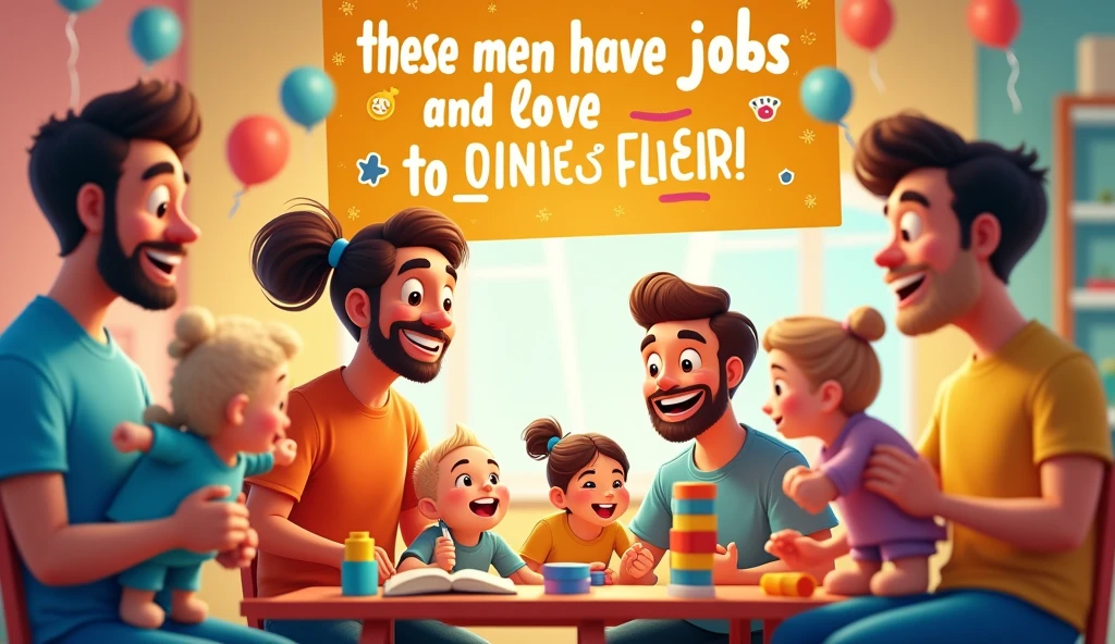 Second Floor Sign: The second floor’s sign says, "These men have jobs and love children," with men interacting playfully with children, holding toys, and engaging in activities. 3d cartoon image style