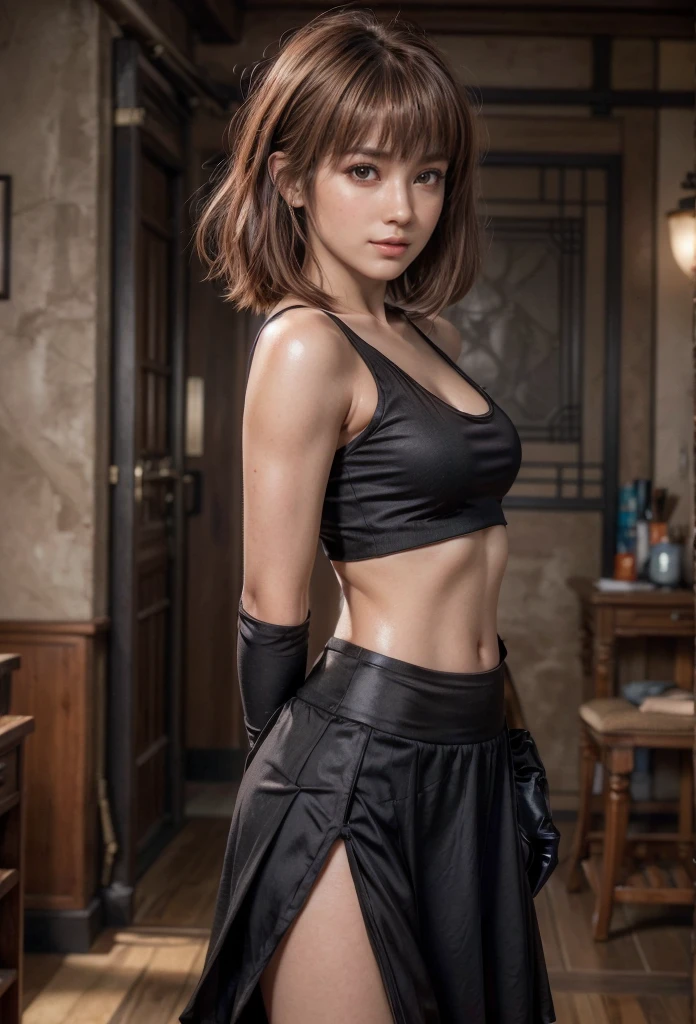kasumi, eyes browns, (best quality, ultra detail), (realisitic:1.37), beautiful and detailed face, ultra-realisitic texture, exquisite face, Delicate body, red lipgloss stick, shiny colors. High definition, 8k, expression a slight cute smile.