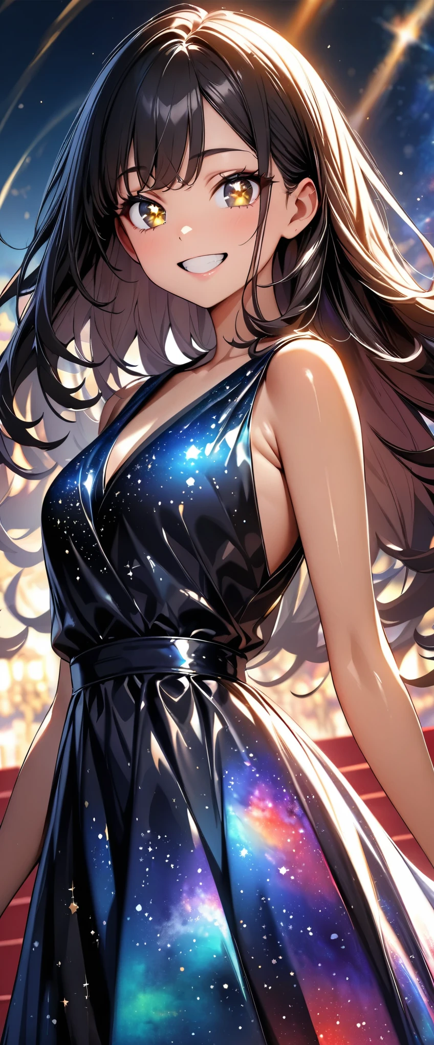 (Highest quality:1.2, Very detailed, up to date, Vibrant, Ultra-high resolution, High Contrast, masterpiece:1.2, Highest quality, Best aesthetics), (((1 person, beautiful girl))), Rainbow Hair, Long Straight Hair, Yellow Eyes, Sparkling Eyes, Detailed face, Fine hair, Detailed skin, (Beautiful eyes:1.5), smile, Showing teeth, Cowboy Shot, slender, Beautiful Skin, (Starry sky dress, Shiny Dress, Galaxy Dress:1.4), Red carpet, Award ceremony.