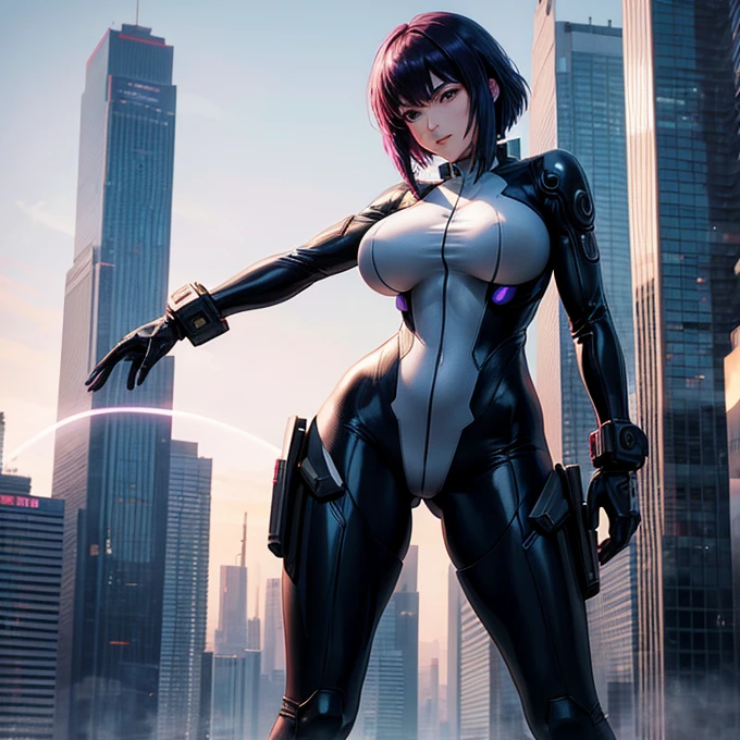 Ultra HD、4K、Beautiful woman alone、Cyberpunk city、ghost in the Shell、Motoko Kusanagi、Full Body Suit、Large Breasts、Fearless smile、Stand on the edge of a building、Looking up、looking at the camera、Lively Poses、