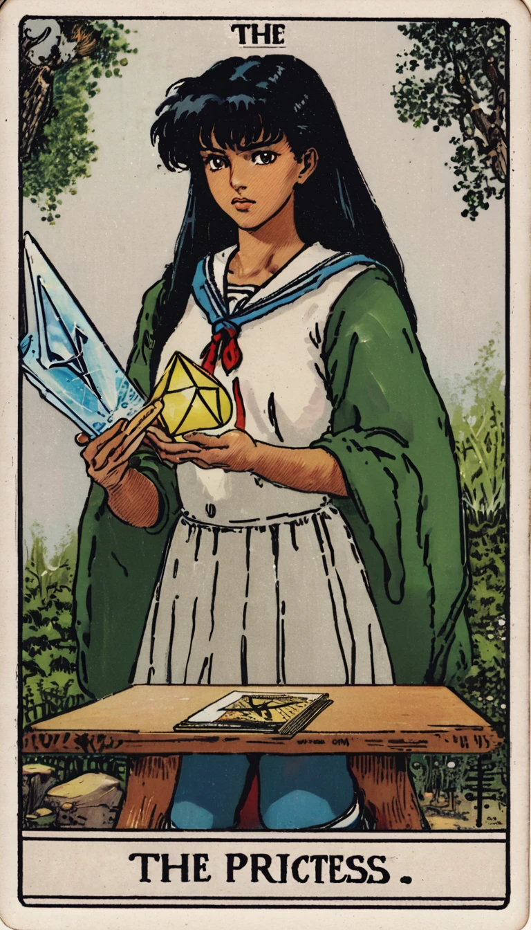 SWholo sitting in the garden, kagomexl, long hair, black hair, brown eyes, bangs, school uniform, serafuku, sailor collar, red neckerchief, text, lks73zb1, tarot card style , ((TAROT CARD ART)) that represents Kagome (wearing a green skirted Japanese schoolgirl uniform) from Inuyasha in traditional tarot art style. holding floating crystal shard. dreamy look, breathtaking, stunning creative medieval tarot art. text at the bottom reads "The Priestess" arcana in the style of TOK a trtcrd, tarot style, kagomexl, long hair, black hair, brown eyes, bangs, school uniform, serafuku, sailor collar, red neckerchief,