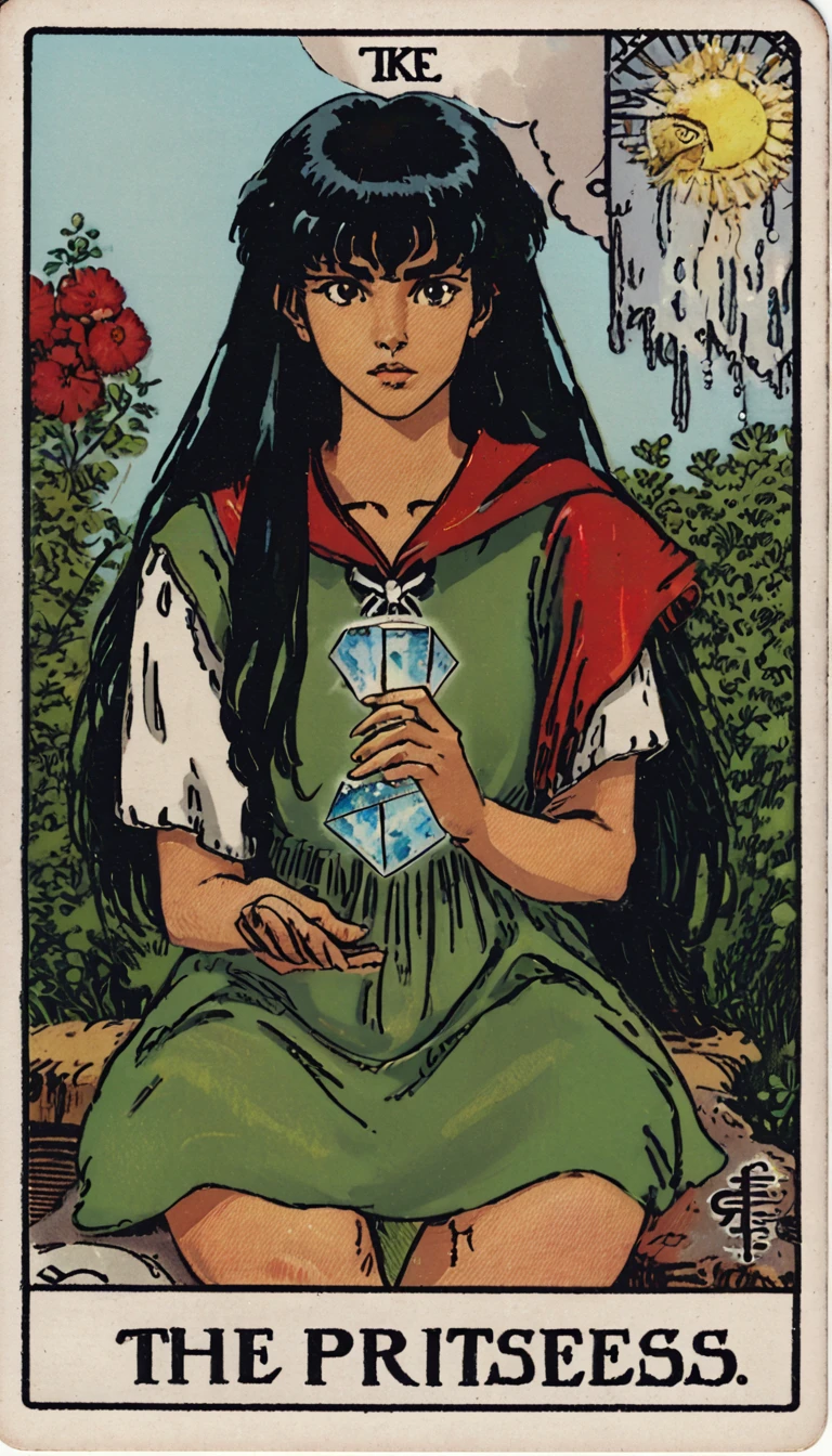 SWholo sitting in the garden, kagomexl, long hair, black hair, brown eyes, bangs, school uniform, serafuku, sailor collar, red neckerchief, text, lks73zb1, tarot card style , ((TAROT CARD ART)) that represents Kagome (wearing a green skirted Japanese schoolgirl uniform) from Inuyasha in traditional tarot art style. holding floating crystal shard. dreamy look, breathtaking, stunning creative medieval tarot art. text at the bottom reads "The Priestess" arcana in the style of TOK a trtcrd, tarot style, kagomexl, long hair, black hair, brown eyes, bangs, school uniform, serafuku, sailor collar, red neckerchief,