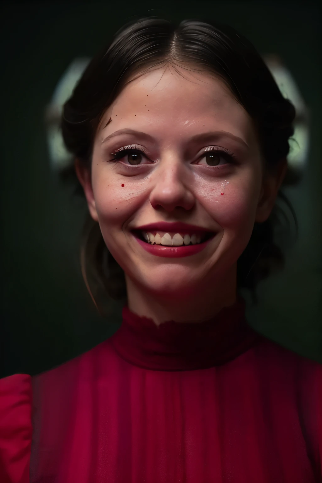 ((Head and sholders portrait)). (Pearl from the A24 movie "Pearl", with a wide, unsettling smile on her face, ((blood splatter droplets on her face)), holding an metal axe), (( wearing a red Full dress)), standing in a dimly lit, eerie farmhouse setting, cinematic lighting, hyper-realistic style, high detail, dramatic shadows, (shallow depth of field), (moody color grading), (sharp focus), (tense atmosphere), (vintage film grain), (portrait photography style), (emphasizing her wide grin and blood), dark background, (masterpiece: 2), best quality, ultra highres, original, extremely detailed, perfect lighting, (Farm background).
