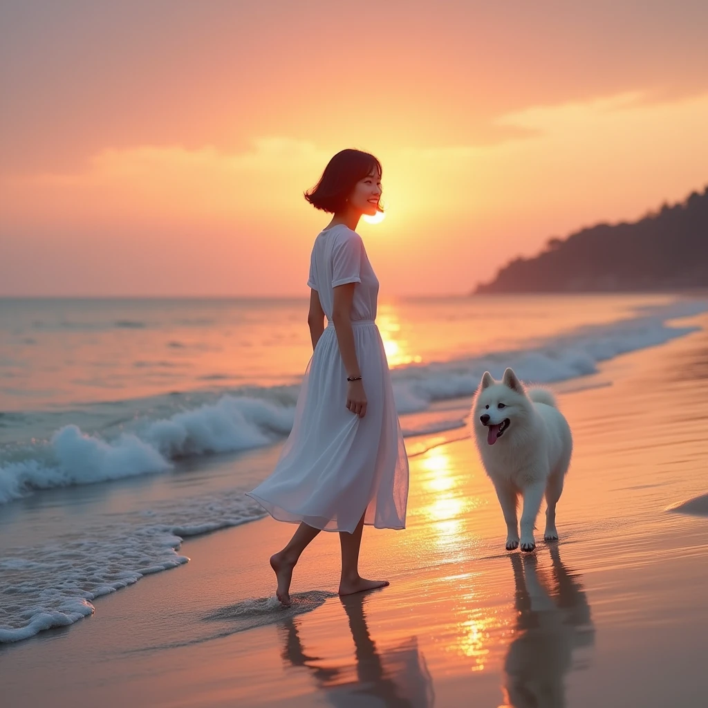 Highest quality, masterpiece, Ultra-high resolution, full body, A beautiful sunset over the coastline. The waves are gently lapping at the shore. A slender Japanese woman in her mid-20s, Short hair, wearing a white dress, is walking slowly along the water’s edge. As she walks and lokking for horison, she gives a light smile towards the camera. Following behind her is a Samoyed with fluffy white fur.