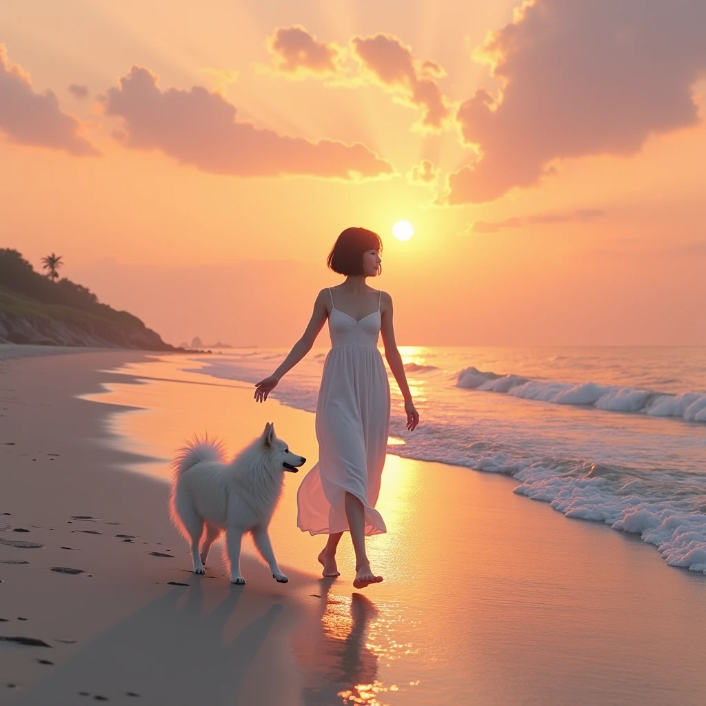 Highest quality, masterpiece, Ultra-high resolution, full body, A beautiful sunset over the coastline. The waves are gently lapping at the shore. A slender Japanese woman in her mid-20s, Short hair, wearing a white dress, is walking slowly along the water’s edge. As she walks and lokking for horison, she gives a light smile towards the camera. Following behind her is a Samoyed with fluffy white fur.