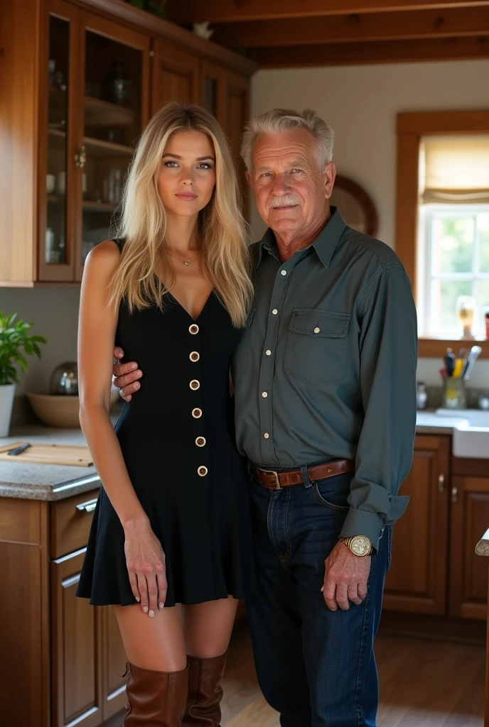 Create a realistic image of a 20 year old woman, Long blonde hair, Blue eyes, cheekbones, ((full body)), dressed in a black colored dress with buttons on the front of the dress, colored boots brown, next to his grandfather, background image: a kitchen, head to toe, full body